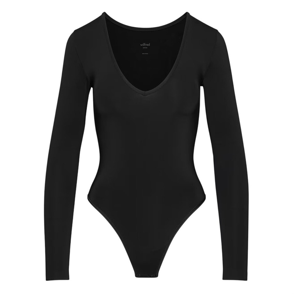 Aritzia Wilfred Soft Seamless Lapis Bodysuit Black‎ V-Neck Long Sleeve 128711 M